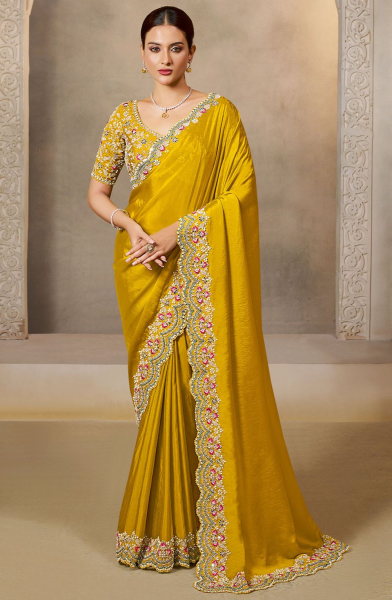 Maize Yellow Embroidered Satin Silk Saree