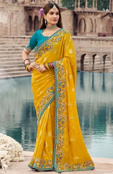 Maize Yellow Embroidered Silk Designer Saree