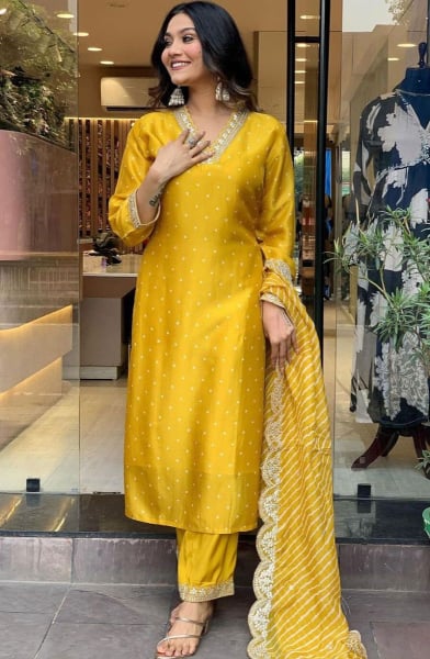 Maize Yellow Embroidered Silk Readymade Pant Kameez