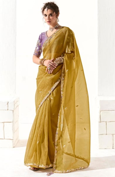 Maize Yellow Embroidered Tissue Designer Saree