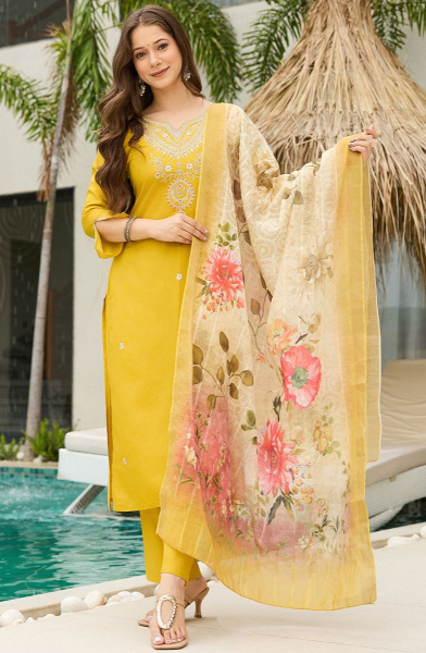 Maize Yellow Embroidered Viscose Readymade Suit