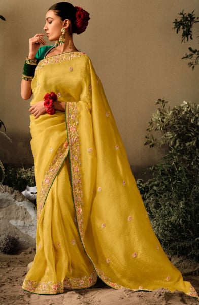 Maize Yellow Khatli Work Designer Saree for Ceremonial