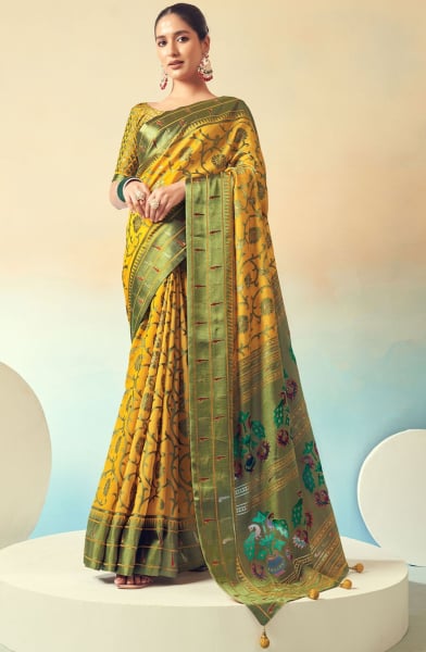 Maize Yellow Paithani Work Viscose Georgette Saree