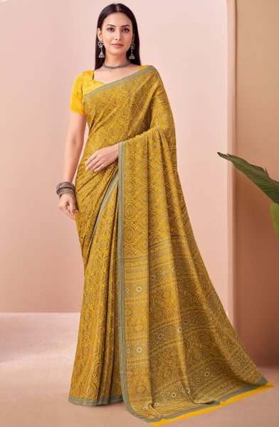 Maize Yellow Printed Crepe Casual Saree