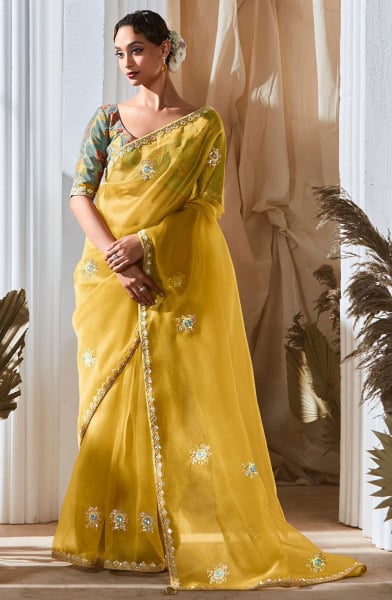 Maize Yellow Sequins Embroidered Tissue Organza Saree