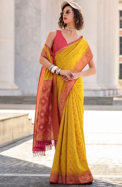 Maize Yellow Soft Ikkat Concept Silk Saree
