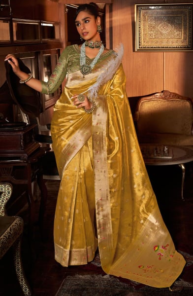 Maize Yellow Woven Tissue Paithani Silk Saree