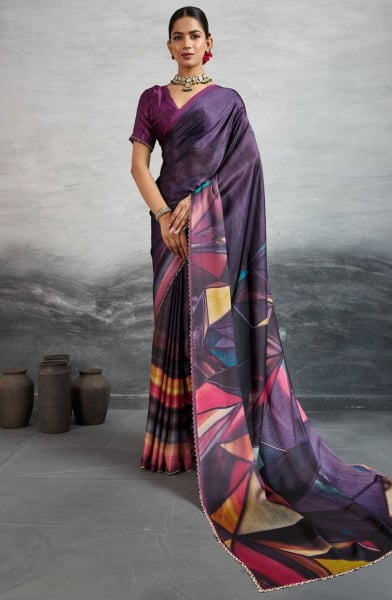 Majestic Purple Satin Silk Saree with Digital Prints