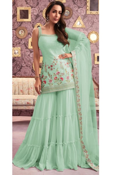 Malaika Arora Mint Blue Embroidered Faux Georgette Sarara Kameez