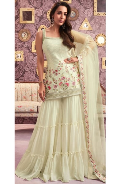 Malaika Arora Off White Embroidered Faux Georgette Sarara Kameez