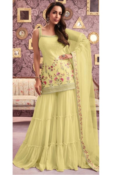 Malaika Arora Pastel Yellow Embroidered Faux Georgette Sarara Kameez