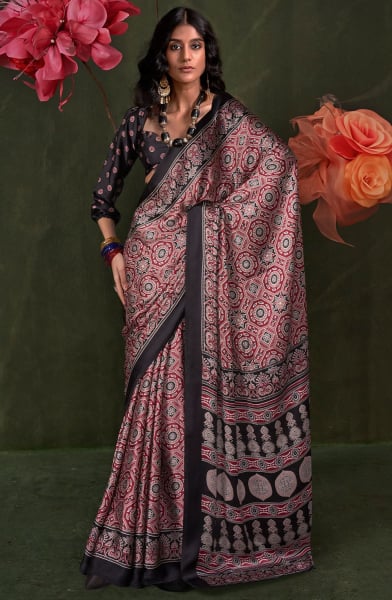 Maroon Ajrakh Print Satin Crepe Saree