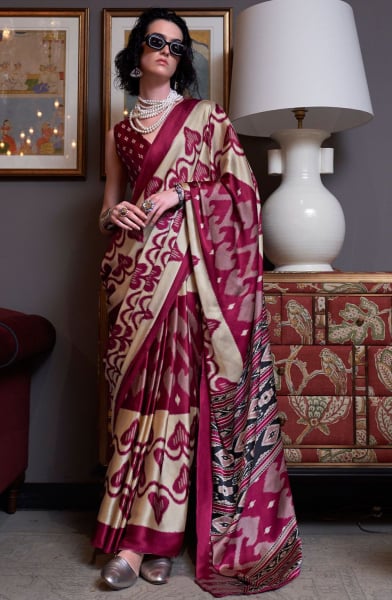 Maroon and Beige Digital Print Satin Crepe Saree