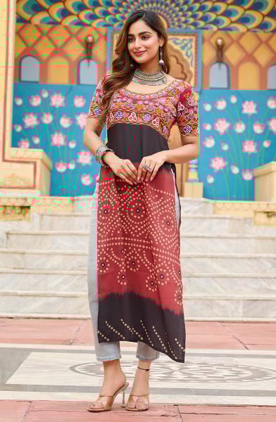 Maroon and Black Gamthi Work Rayon Kurti