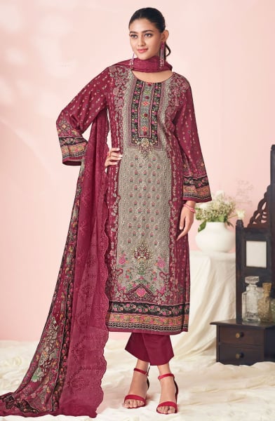 Maroon and Grey Printed Lawn Cotton Pant Kameez