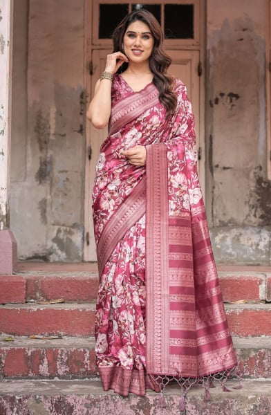 Maroon and Pink Banarasi Silk Saree