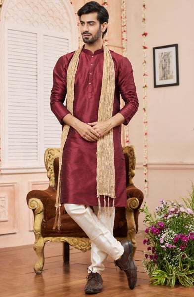 Maroon Art Silk Kurta Set with Stole