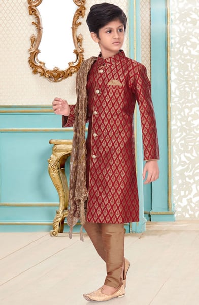 Maroon Banarasi Brocade Kids Sherwani for Wedding