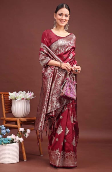 Maroon Banarasi Silk Woven Saree