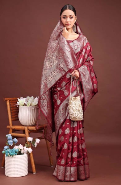 Maroon Banarasi Silk Woven Saree