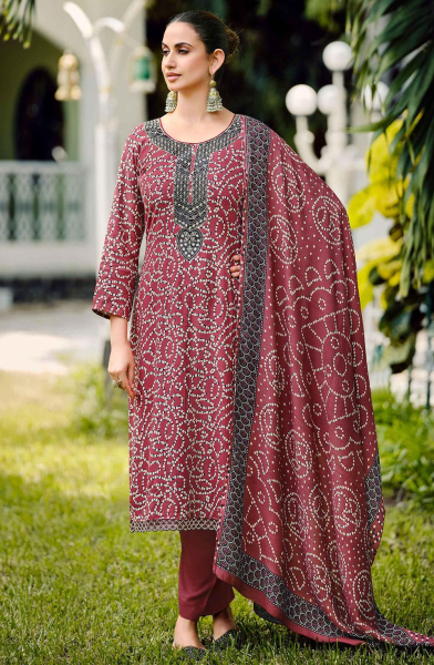 Maroon Bandhani Print Pashmina Pant Kameez