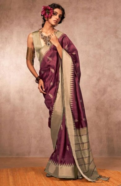 Maroon Bhagalpuri Silk Saree with Gadhwal Border