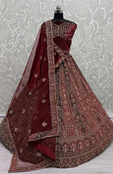 Maroon Bridal Velvet Lehenga Choli with Double Dupatta