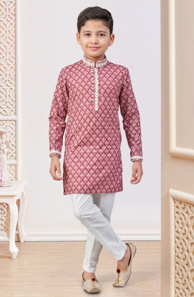 Maroon Chikankari Boys Kurta Set