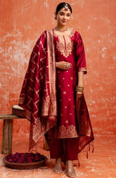 Maroon Cotton Silk Blend Readymade Suit