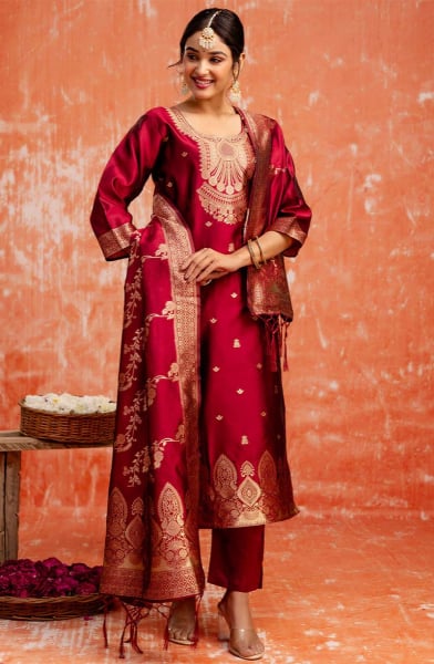 Maroon Cotton Silk Blend Readymade Suit