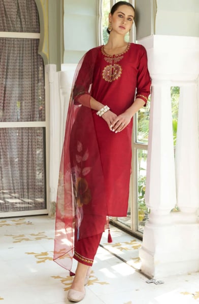 Maroon Cotton Silk Pant Kameez Suit
