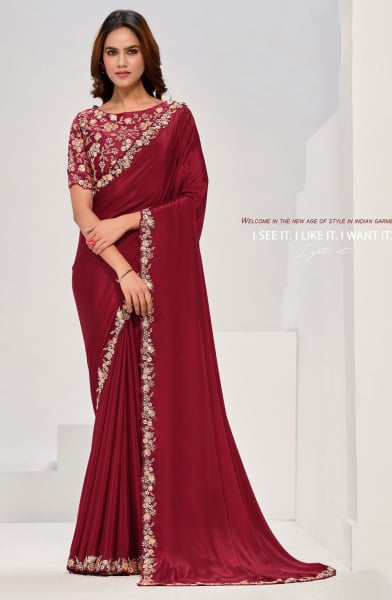 Maroon Designer Embroidered Saree