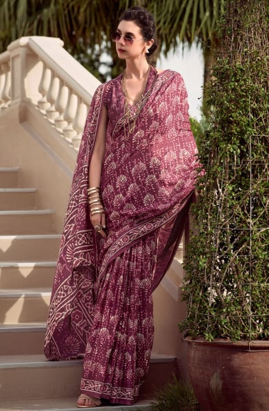 Maroon Digital Print Pure Mal Mal Silk Saree