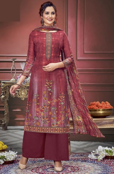 Maroon Digital Print Pure Muslin Palazzo Kameez