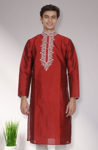 Maroon Dupion Silk Men Plus Size Kurta