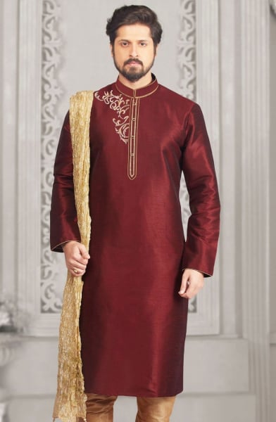 Maroon Dupion Silk Mens Kurta