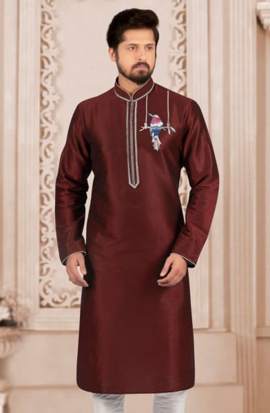 Maroon Dupion Silk Mens Kurta