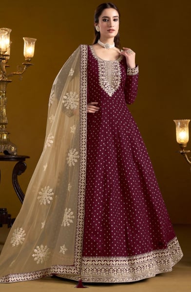 Maroon Embroidered Chanderi Butti Anarkali Suit
