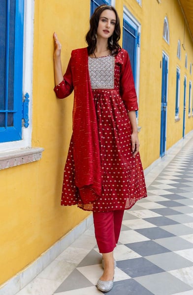 Maroon Embroidered Chanderi Readymade Suit