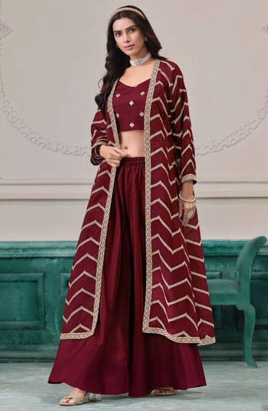 Maroon Embroidered Chinnon IndoWestern