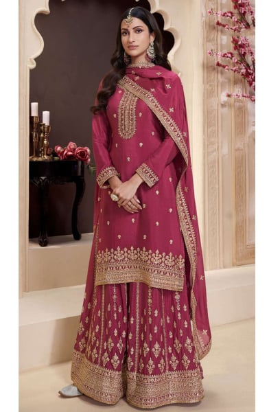 Maroon Embroidered Chinnon Palazzo Kameez