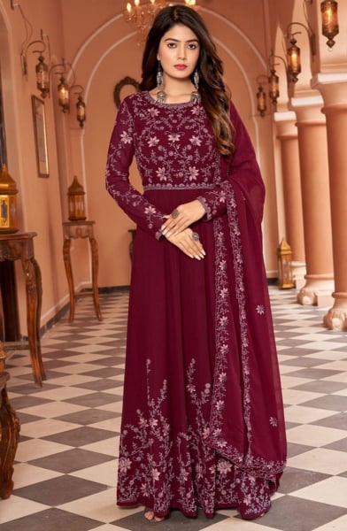 Maroon Embroidered Faux Georgette Anarkali Suit