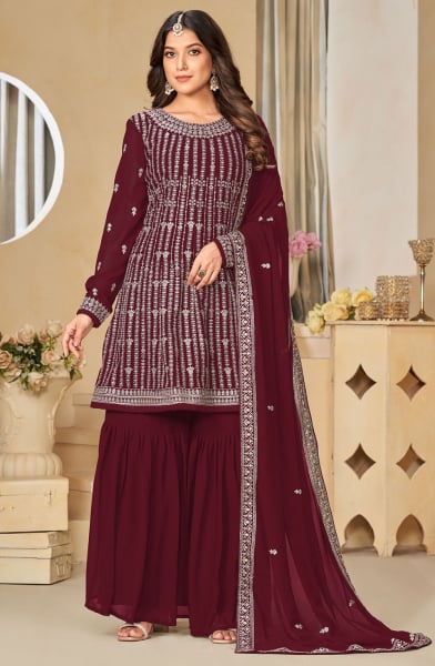Maroon Embroidered Faux Georgette Sarara Kameez