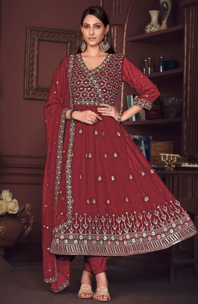 Maroon Embroidered Georgette Anarkali Suit