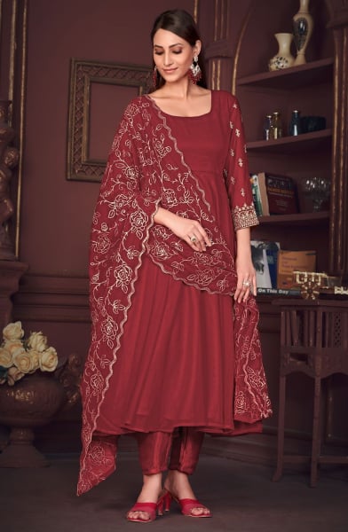 Maroon Embroidered Georgette Anarkali Suit