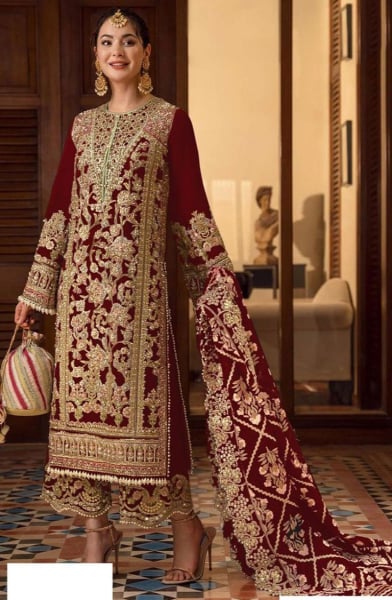 Maroon Embroidered Georgette Trouser Kameez