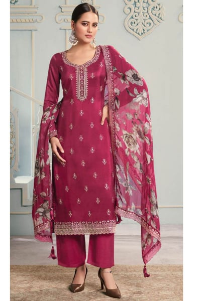 Maroon Embroidered Moonga Silk Pant Kameez for Festival