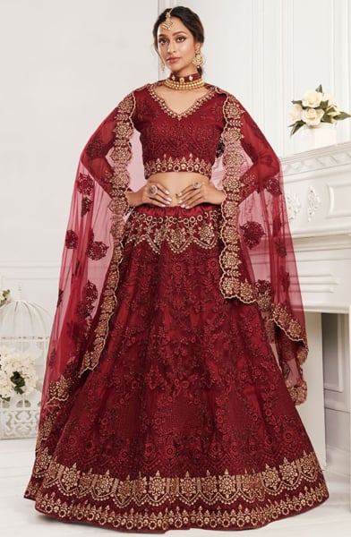Maroon Embroidered Net Bridal Lehenga Choli for Wedding