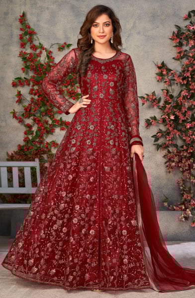 Maroon Embroidered Net Pant Kameez for Ceremonial