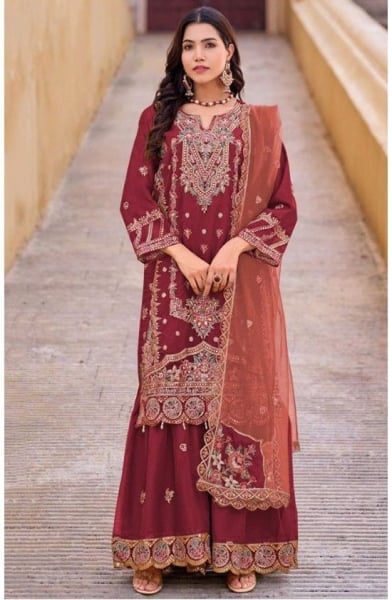 Maroon Embroidered Organza Readymade Sarara Kameez